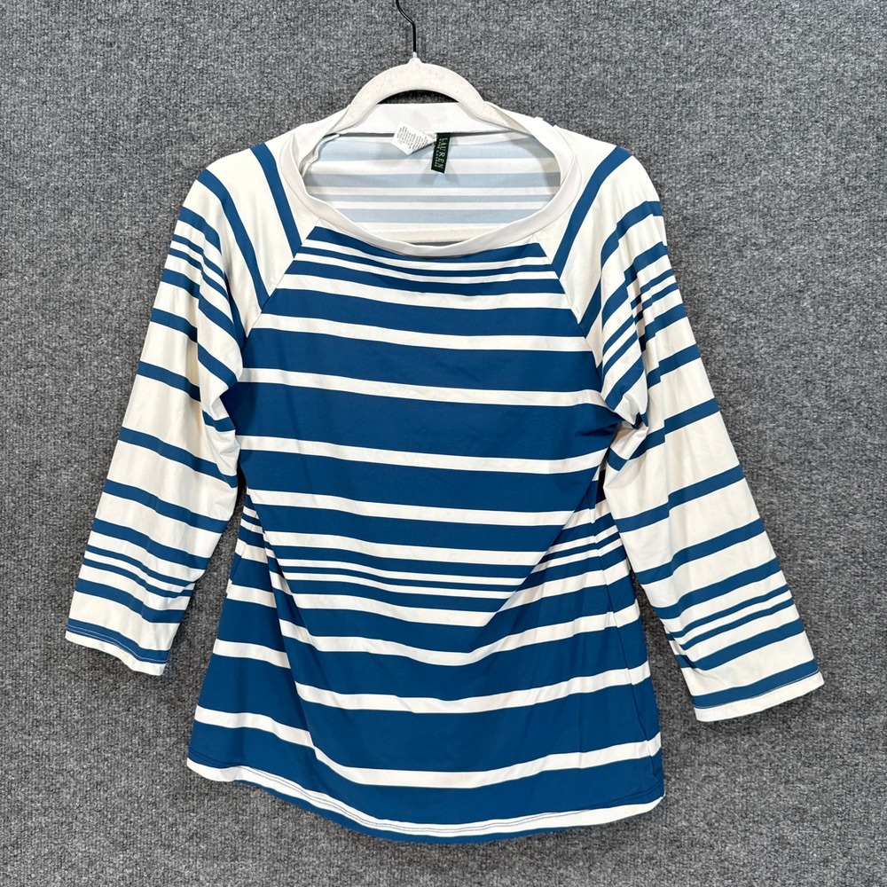 Lauren Ralph Lauren Swim Shirt Women XL Blue White Striped Rash Guard Nautical